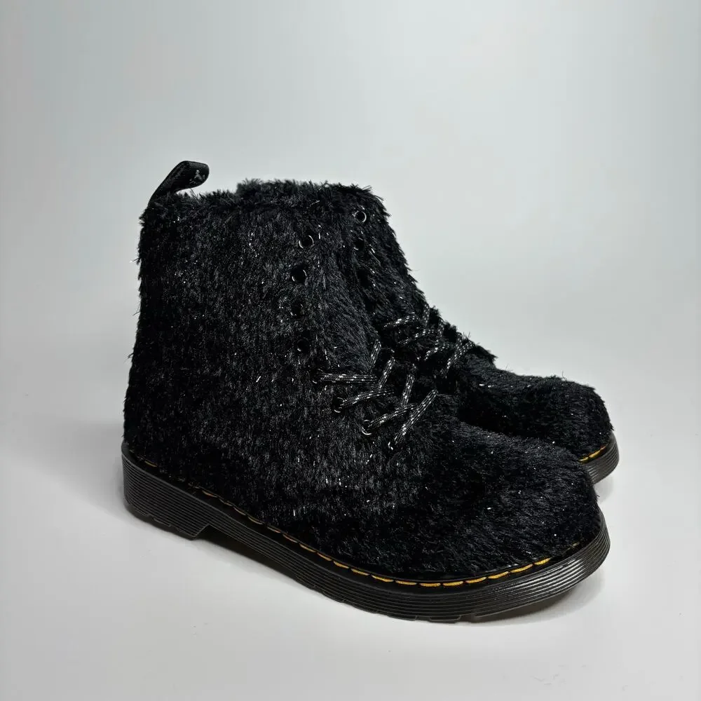 Dr. Martens Junior 1460 Pascal Tinsel Fur Lace Up Boots in Black